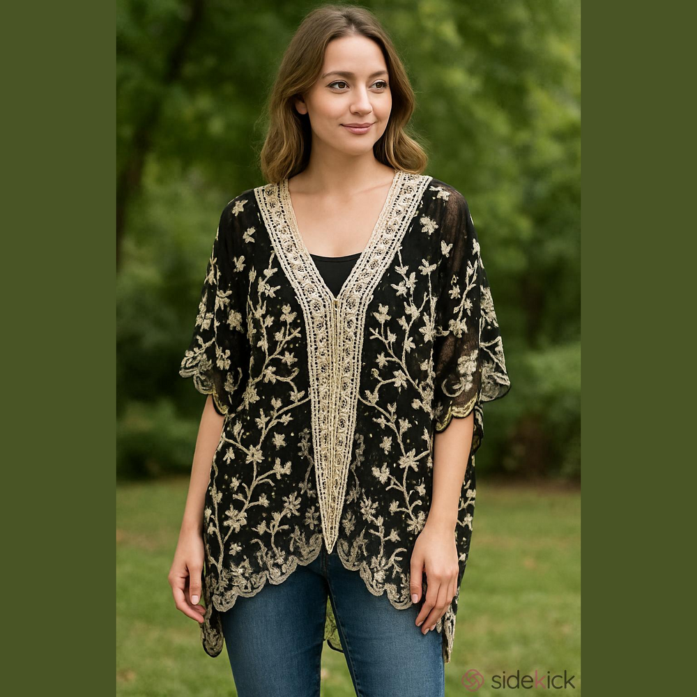 Lace, embroidered, crochet kimono. OS